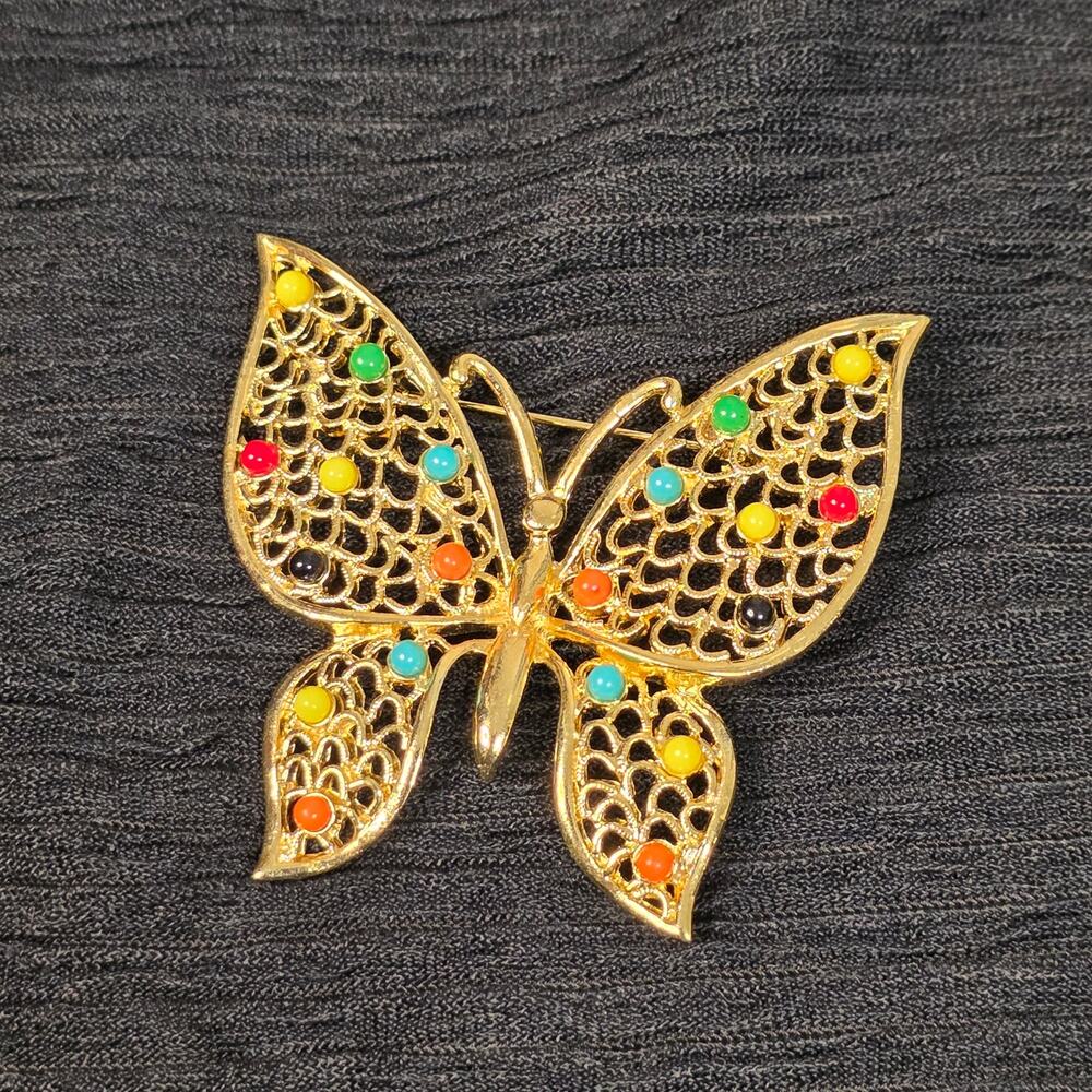 Vintage Butterfly Brooch Gold Tone Filigree Multicolor Cabochon Pin Cottagecore